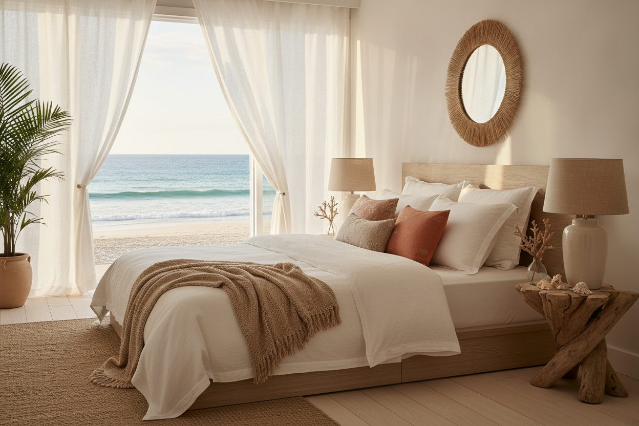 Sunlit coastal bedroom with white linens and morning light