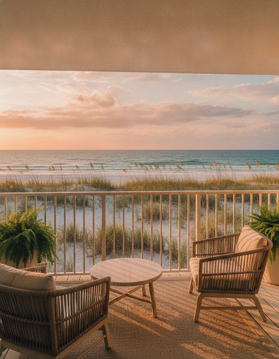 Oceanfront balcony at golden hour looking over a Florida beach and dunes