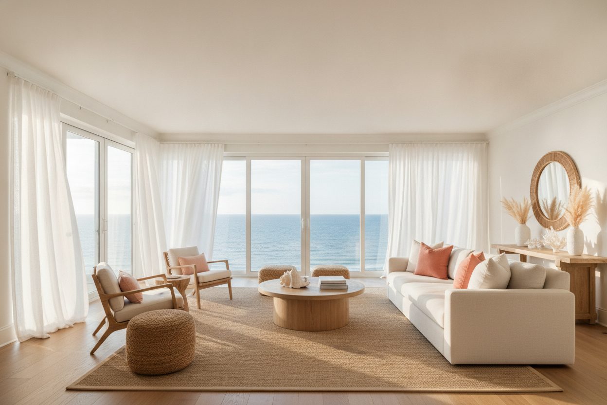 Bright airy coastal living room opening to an ocean view
